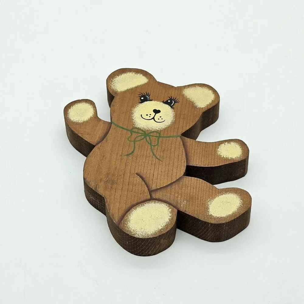 Vintage Handmade Wooden Country Teddy Bear Painted Shelf Sitters 80s Brown MCM